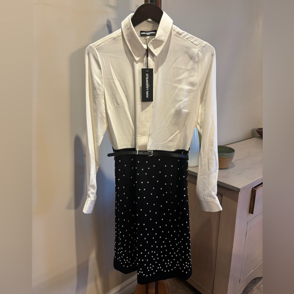 Karl Lagerfeld Paris, Long Sleeve Dress with studded skirt and belt. Size US 6